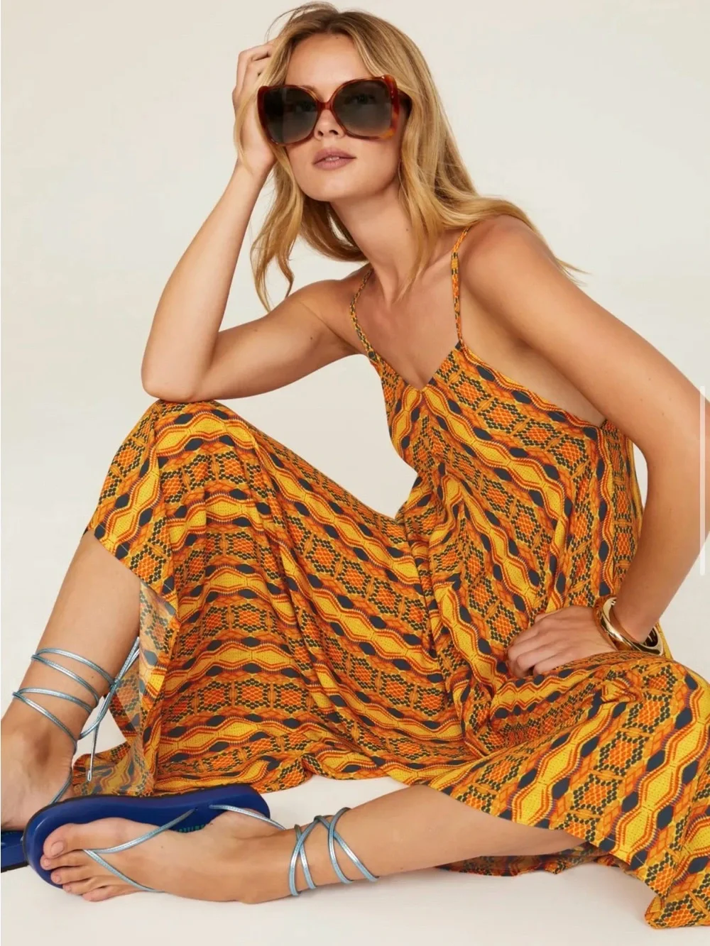 KAHINDO Kano African Tribal Printed Yellow Orange Wide-Leg Jumpsuit EUC SMALL